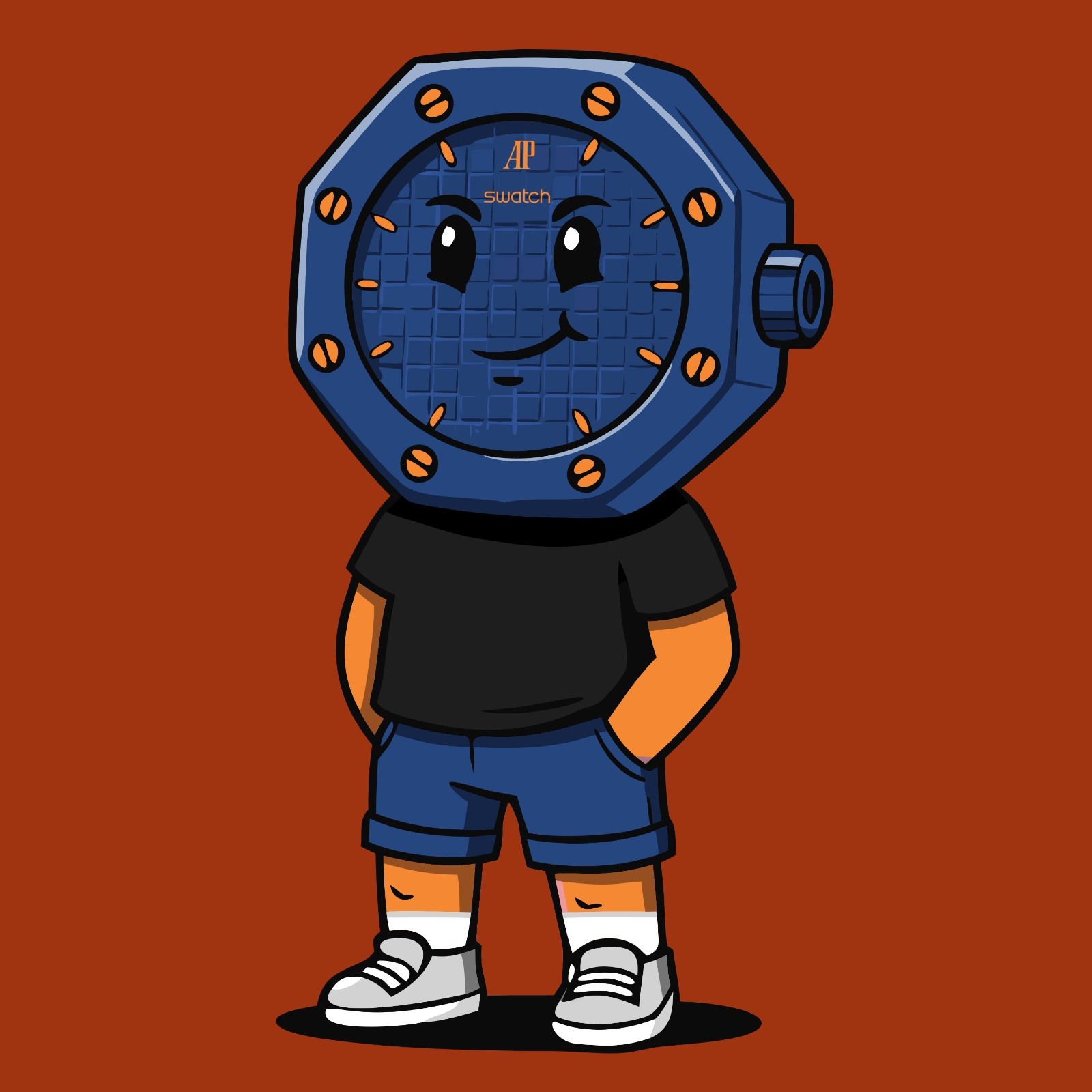 POPGUY navy colorway render — Royal Pop case as head, chibi designer-toy body